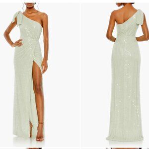 MAC DUGGAL 93735 PEARL EMBELLISHED SOFT TIE ONE SHOULDER MINT GOWN sz 0